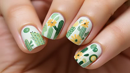 A close-up of a woman's hand showcasing summer nails with vibrant cactus and flower designs, set against a soft background. This HD wallpaper captures a playful seasonal vibe.