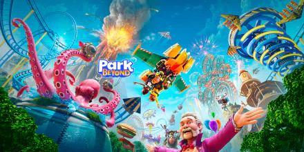 HD desktop wallpaper for Park Beyond featuring a vibrant theme park scene with a giant octopus, roller coasters, and an excited boy reaching for a flying ride.
