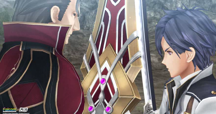 HD desktop wallpaper from The Legend of Heroes: Trails into Reverie featuring a dramatic face-off between two characters with a detailed sword.