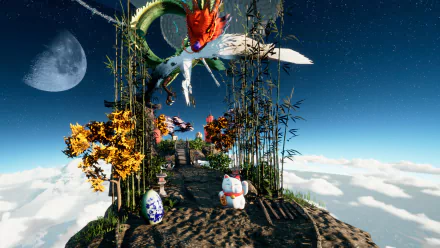 HD desktop wallpaper from the video game Only Up! featuring a fantastical flying dragon and colorful characters on a floating island with bamboo and autumn trees under a large moon.