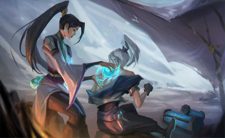 Valorant-themed 4K Ultra HD desktop wallpaper featuring two characters in an intense moment with glowing blue energy, set against a dynamic, misty background.