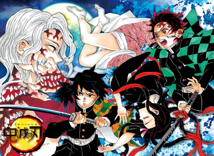 HD anime desktop wallpaper featuring characters from Demon Slayer: Kimetsu no Yaiba in dynamic action poses with vibrant colors and detailed artwork.