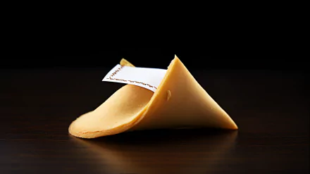 HD desktop wallpaper featuring a close-up of a fortune cookie on a dark wooden surface, with the fortune paper partially sliding out.