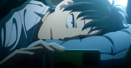 HD desktop wallpaper featuring Akira Tendo from Zom 100: Bucket List of the Dead, showing him lying down and looking at his phone.