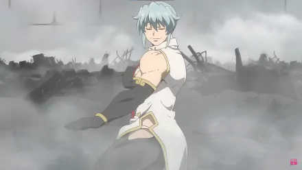 HD desktop wallpaper of Shen from Undead Unluck anime, featuring the character in a battle stance amid a war-torn landscape with gray clouds overhead.