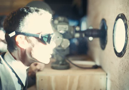 HD desktop wallpaper featuring a man in vintage attire gazing intently through an optical device, evoking themes of the Oppenheimer era, with Cillian Murphy vibes.