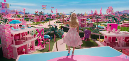 HD wallpaper featuring a vibrant scene from the 2023 Barbie movie with a character in the foreground overlooking a fantastical pink cityscape.