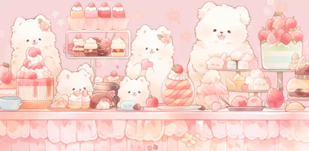 HD desktop wallpaper featuring an artistic, kawaii scene with cute, fluffy creatures in a pastel-toned dessert shop.