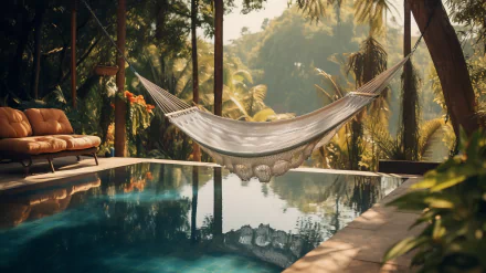 A tranquil scene featuring a hammock overlooking a reflective pool, surrounded by lush greenery, creating an inviting atmosphere for relaxation. AI art for stunning HD wallpaper.