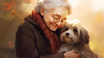 A heartwarming HD desktop wallpaper featuring a grandmother joyfully embracing her small dog, set against a warm, colorful backdrop that exudes love and companionship.