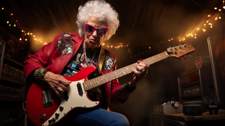 HD wallpaper of a stylish grandmother playing an electric guitar in a warmly lit room, exuding rockstar vibes.