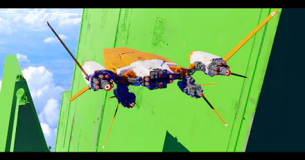 HD desktop wallpaper featuring a colorful sci-fi spaceship with orange and yellow accents flying against a vivid green sky.