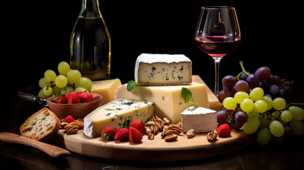 HD wallpaper featuring an elegant still life of assorted cheeses, grapes, nuts, and a glass of red wine.