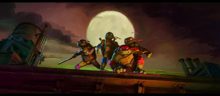 HD wallpaper of Teenage Mutant Ninja Turtles: Mutant Mayhem showcasing the iconic characters in action against a moonlit sky.