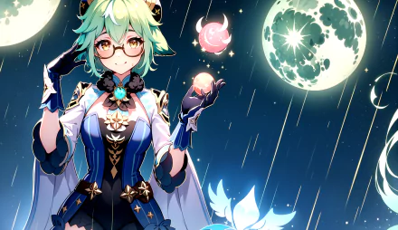 HD PC desktop wallpaper featuring Sucrose from the video game Genshin Impact, with glowing orbs and celestial moon motifs in a vibrant night sky.