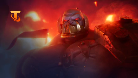 HD desktop wallpaper featuring Sion from League of Legends and Teamfight Tactics, depicted with glowing orange eyes in a fiery battlefield scene.