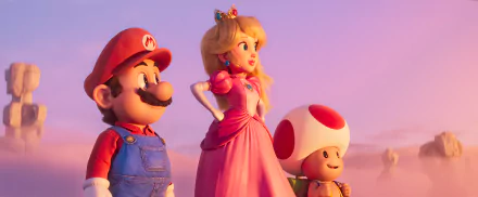 HD desktop wallpaper from the Super Mario Bros. movie (2023) featuring animated characters Mario, Princess Peach, and Toad in a sunset scene.
