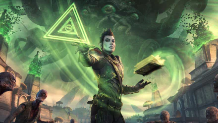 HD wallpaper of a necromancer from The Elder Scrolls Online, wielding magic with a glowing book and mystical triangle symbol, set against a haunting, green-tinged backdrop.