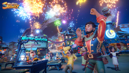 HD desktop wallpaper of My Time at Sandrock featuring vibrant Winter Solstice festival celebrations with a crowd of characters enjoying fireworks.