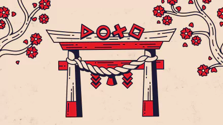 A vibrant HD desktop wallpaper featuring a stylized torii gate adorned with PlayStation symbols and red flowers, blending traditional and gaming aesthetics.