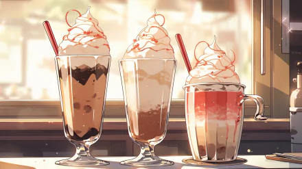 HD desktop wallpaper featuring three varieties of milkshake including a coffee milkshake, with whipped cream and syrup toppings, against a bright, warm cafe backdrop.