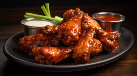 A mouthwatering display of chicken wings coated in rich sauce, served with celery and dipping sauces, set against a dark background for a delightful food-themed HD wallpaper.