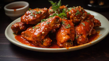 A vibrant plate of chicken wings coated in a rich sauce, garnished with fresh herbs. This HD desktop wallpaper captures the essence of delicious comfort food.