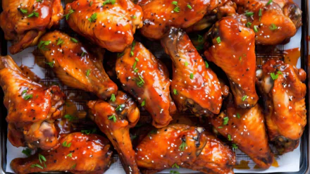 A mouthwatering display of chicken wings coated in a rich sauce, garnished with fresh herbs. This vibrant image makes an appetizing HD wallpaper for food lovers.
