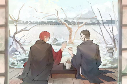 HD anime wallpaper featuring Shanks and Dracule Mihawk from One Piece sharing a quiet moment by a snowy window.