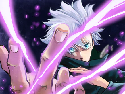 HD anime desktop wallpaper featuring Satoru Gojo from Jujutsu Kaisen, showcasing his intense gaze and glowing purple energy strands.