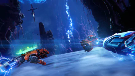 HD desktop wallpaper from the video game Stormland, featuring robotic hands and striking blue lightning in a mysterious cavern.