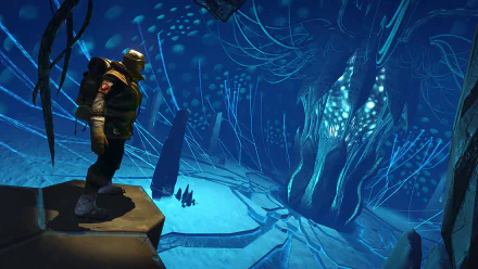 HD desktop wallpaper featuring a scene from the video game Edge of Nowhere, depicting an explorer in a mystical, icy cave with glowing blue tendrils.