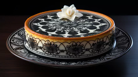 A beautifully designed cheesecake sits on an ornate plate, featuring intricate black patterns and a delicate white floral garnish. This HD desktop wallpaper captures a stunning food art display.