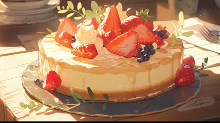 HD desktop wallpaper featuring a delectable cheesecake topped with fresh strawberries and blueberries, designed with AI art.