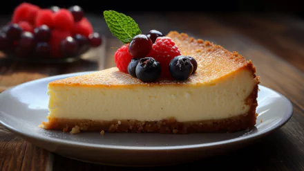 HD desktop wallpaper featuring a slice of cheesecake topped with fresh blueberries, raspberries, and a mint leaf, with a blurred background highlighting the dessert as AI art.