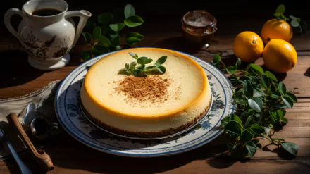 HD desktop wallpaper featuring a delicious cheesecake garnished with green leaves, surrounded by fresh lemons and a teapot, set against a rustic wooden table background, created by AI Art.