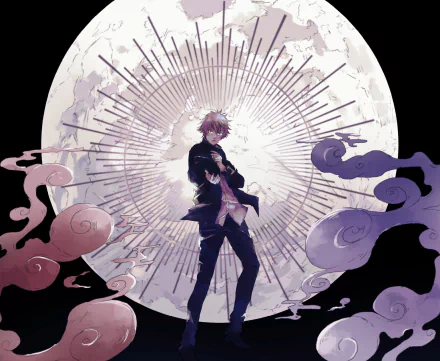 HD PC desktop wallpaper featuring Satoru Gojo from the anime Jujutsu Kaisen, standing confidently with a radiant full moon and mystical smoke effects in the background.