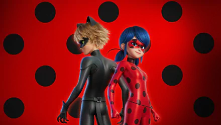 4K Ultra HD desktop wallpaper from Miraculous: Ladybug & Cat Noir — The Movie showing Ladybug and Cat Noir standing back-to-back on a red, black-polka-dotted background.