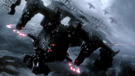 HD wallpaper from Armored Core VI: Fires of Rubicon featuring a detailed mech in battle with laser weapons, set against a moody, cloudy backdrop.