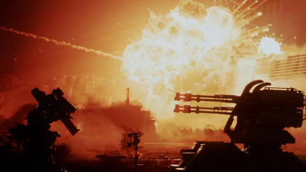 HD desktop wallpaper featuring a dynamic scene from Armored Core VI: Fires of Rubicon, with a large explosion and a mech silhouette in the foreground.