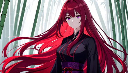 A 4K Ultra HD anime-style girl with flowing red hair stands against a bamboo forest background, rendered in detailed AI art for a striking PC desktop wallpaper.
