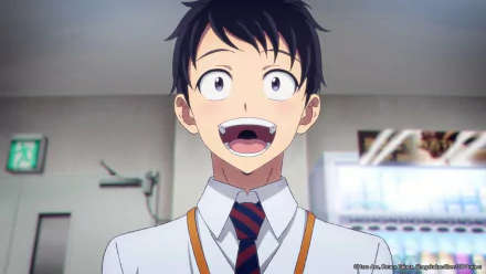 HD desktop wallpaper of Akira Tendo from Zom 100: Bucket List of the Dead, featuring him excited in an office setting.