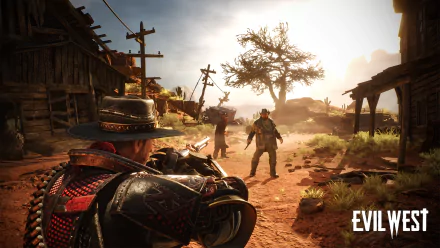 HD desktop wallpaper from the video game Evil West featuring a cowboy in combat with monsters in a rustic Western town setting.