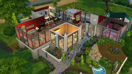 HD desktop wallpaper featuring a detailed view of a vibrant, multi-room house from The Sims 4, surrounded by lush gardens and pathways.