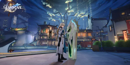 HD desktop wallpaper from Honkai: Star Rail featuring character Luocha standing beside an ornate structure, against a backdrop of a starlit fantasy town.