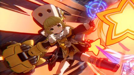 HD desktop wallpaper featuring Hook from Honkai: Star Rail in dynamic action pose with futuristic gadgets and vibrant energy effects.