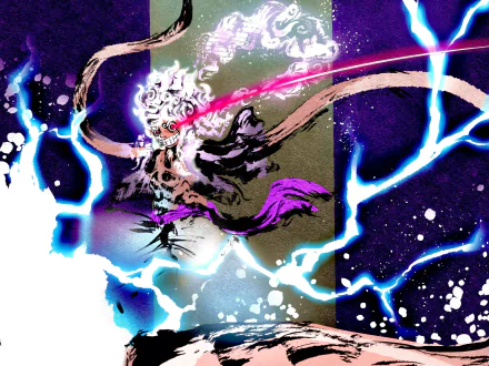 HD PC desktop wallpaper featuring Monkey D. Luffy in Gear 5 form from the anime One Piece, surrounded by vibrant lightning and dynamic energy effects.