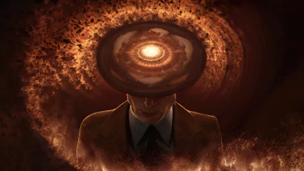 4K Ultra HD desktop wallpaper featuring a dramatic, shadowed figure from the movie Oppenheimer with a glowing, fiery halo effect in the background.