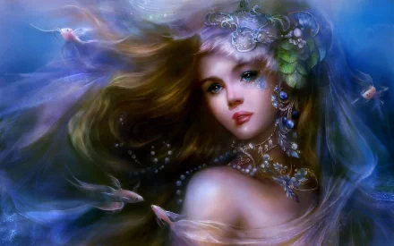 HD fantasy desktop wallpaper of a beautiful woman with flowing hair adorned with jewels and leaves, surrounded by ethereal light and magical elements.