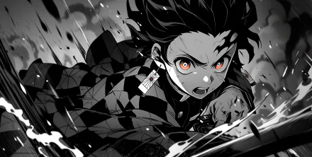 HD wallpaper of Tanjiro Kamado from Demon Slayer: Kimetsu no Yaiba, depicted in dynamic manga style, intense and focused.